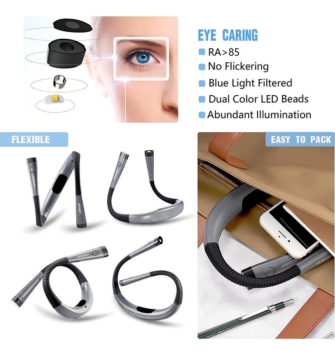 Luz De Lectura Glocusent Led P/ El Cuello P/ Leer En La Cama Color De La Estructura Gris - Image 4