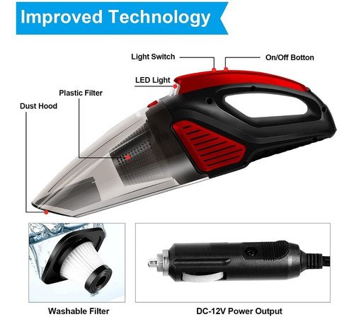 Aspirador Coche Con Luz Led 7500pa 12v 16.4ft Cable Portátil Color Rojo - Image 2