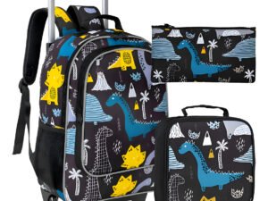 Gxtvo Mochila Para Niños Con Ruedas Enrollables Pack De 3 Piezas Color Negro Diseño De La Tela Dinosaurio
