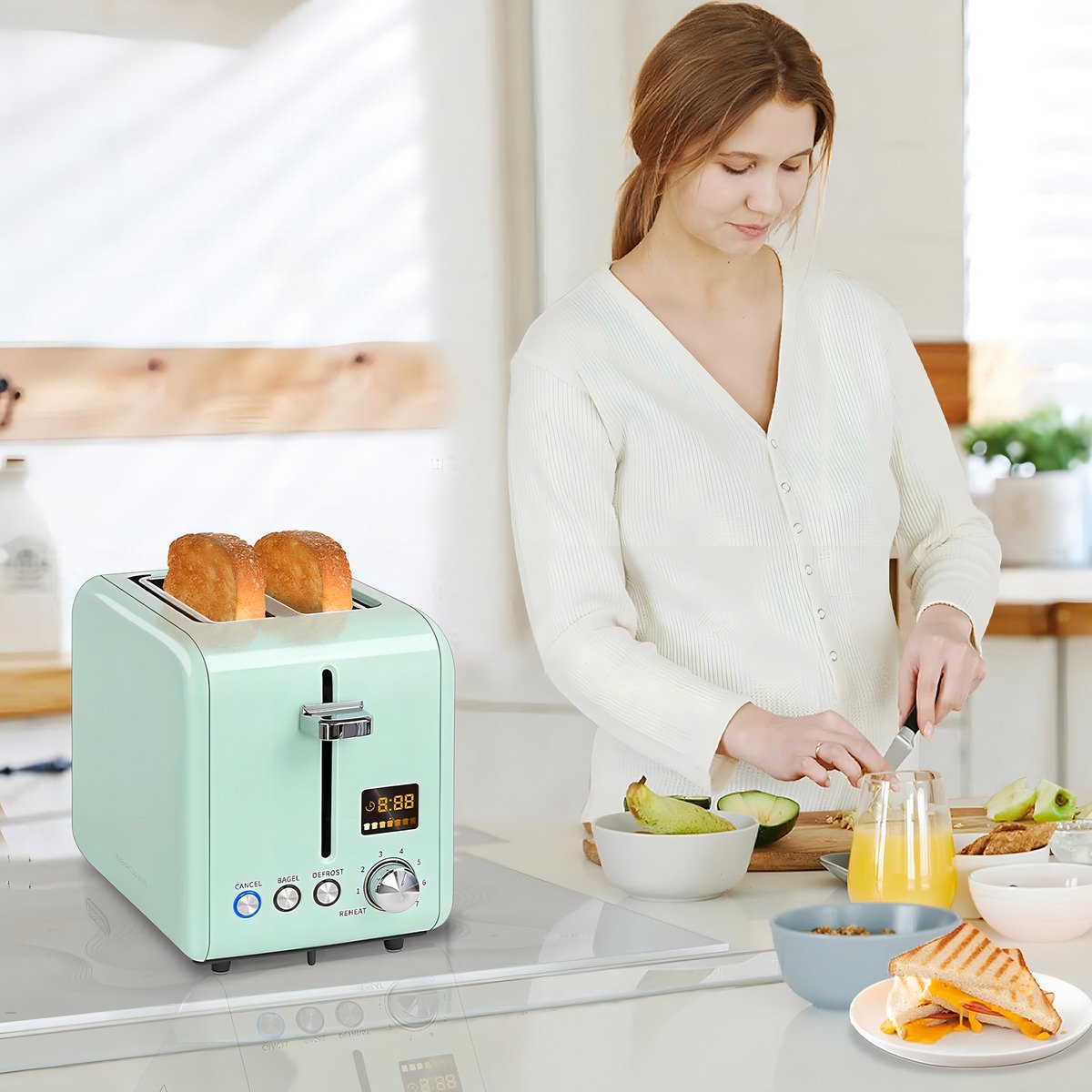 Tostadora De Pan De 2 Rebanadas, Inoxidable Con Pantalla Lcd Color Menta - Image 3
