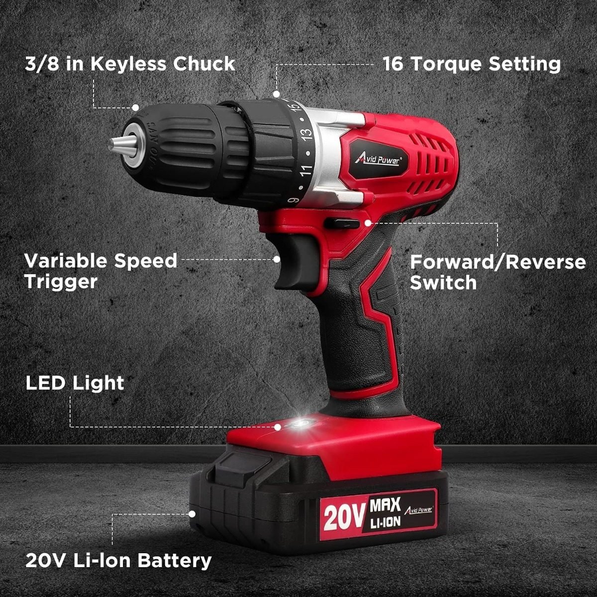 Taladro Inalámbrico De Litio 20v, Avid Power Juego De Brocas Color Rojo/negro Frecuencia 60 Hz - Image 3